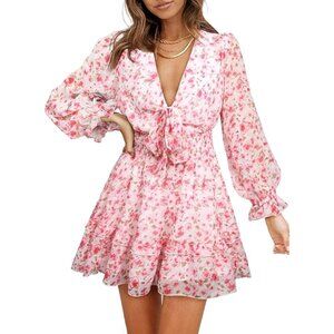 Lantern Sleeve Tie Waist Mini Dress | Deep V Neck Fall Wedding Guest Outfit